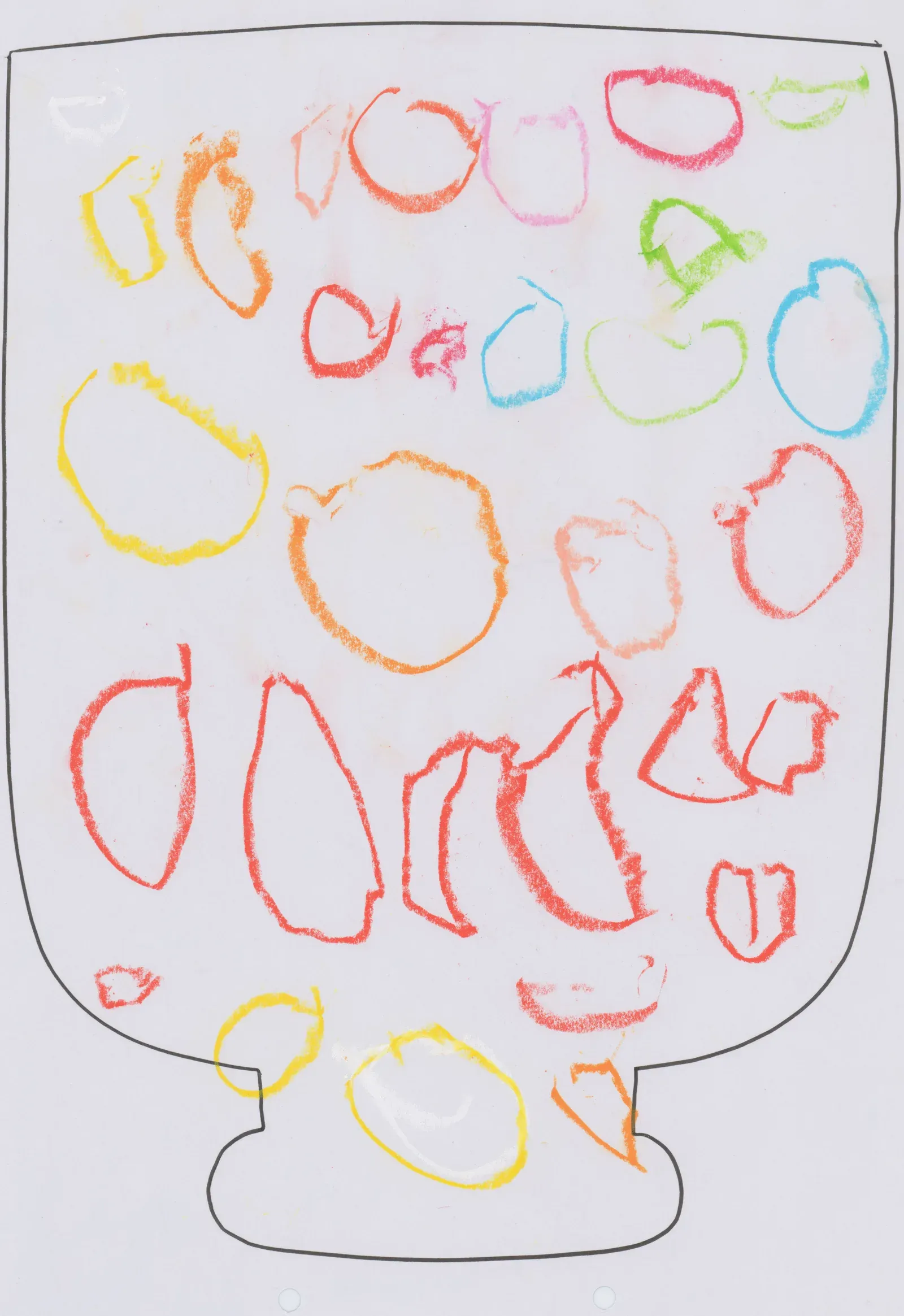 花瓶の中に色とりどりの丸をくり返し描いた、なぐりがき〜意味づけ期の子どもの絵