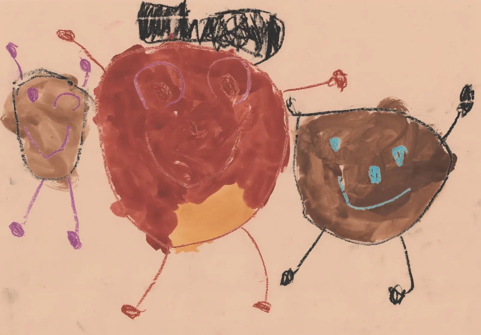 丸い顔から直接手足がのびた頭足人を3人描いた子どもの絵