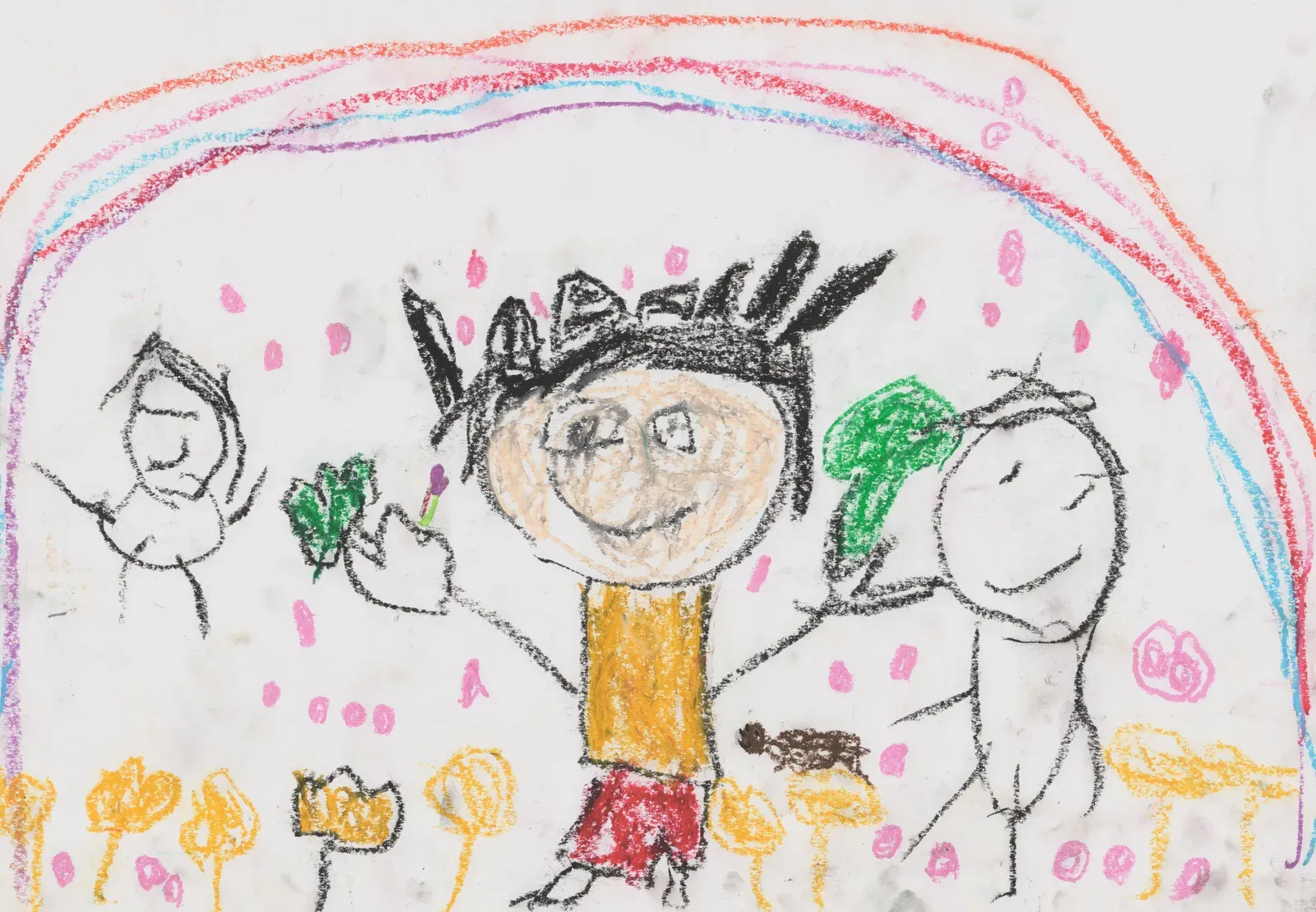 虹や花、胴体のある人物など物語のある場面を描いた図式期の子どもの絵
