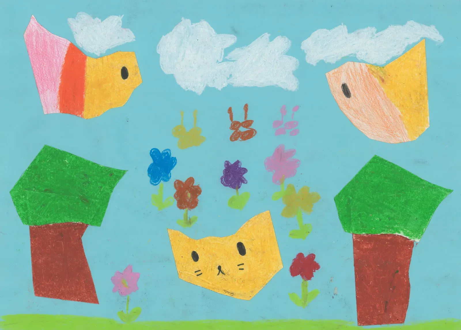子どもがオイルパステルと色紙で描いた、鳥とネコと木のいる風景の原画